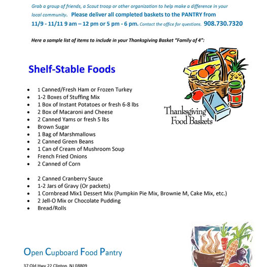 Adopt a Family This Holiday Season | Donate a Food Basket to Open Cupboard Food Pantry in Clinton NJ